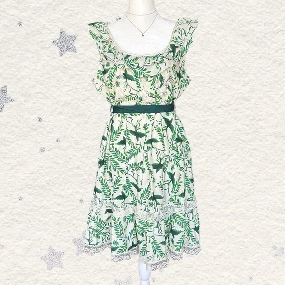 Forever 21 Cream & Green Knee Length Sleeveless Ruffle Dress L - Picture 1 of 7